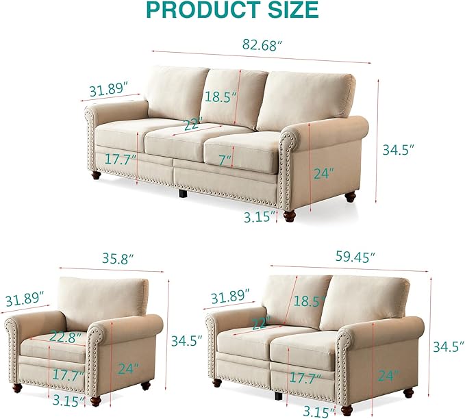 82'' Linen Fabric CouchLiving Room Furniture Sofa Set Rivet Decoration Sectional Sofa Set for Living Room Apply to Office and Home(3 Seater Sofas+Loveseat) Beige