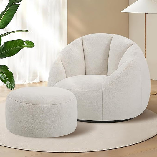 Oversized Fluffy Swivel Accent Chair with Ottoman 360 Degree Rotating Barrel Lounger Set Modern Cozy Reading Nook Chair with Footrest Plush Faux Fur Fabric &amp High-Density Memory Foam Beige