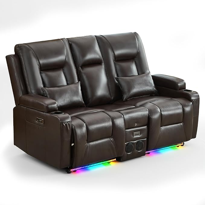Houjud Power Reclining Loveseat Recliner Sofa with Console Wall-Hugger RV Couch with USB Ports Cup Holders Bluetooth Speakers &amp Ambient Lighting for Home Theater or Camper Faux Leather Dark B