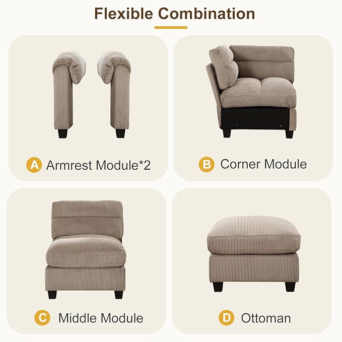 115” Modular Sectional U Shaped Sofa with Movable Ottoman Corduroy 6-Seater Couches with Thick Cushion for Living Room Brown