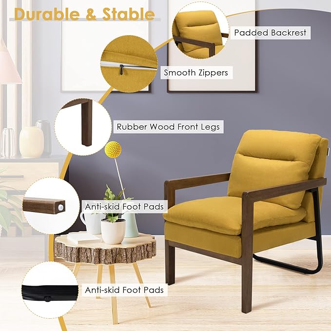 Giantex Set of 2 Accent Chair Comfy Soft Bedroom Chair with Solid Rubber Wood Legs Rear Steel Bracket Non-Slip Foot Pads Detachable Cushions Mid-Century Modern Living Room Chairs Yellow