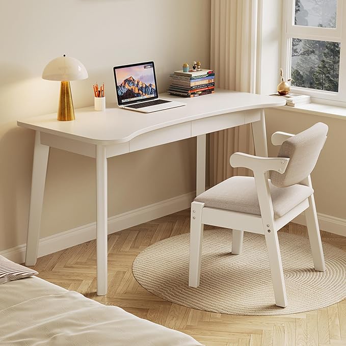 Computer Desk with 2 Drawers Modern Home Office Desk Study Table Curved Solid Wood Writing Desk(47 Inch White)