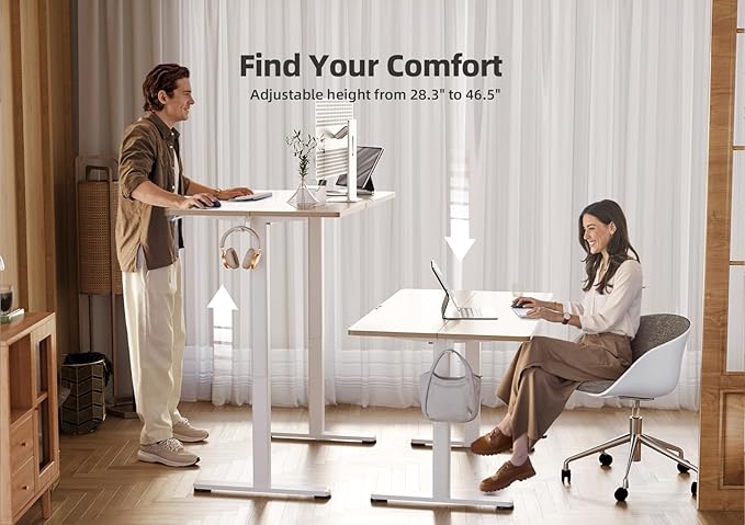 YDN Electric Standing Desk Adjustable Height 48 x 24 Inches Stand up Desk with Cable Management Home Office Desks with Splice Board &amp White Frame Nature Top
