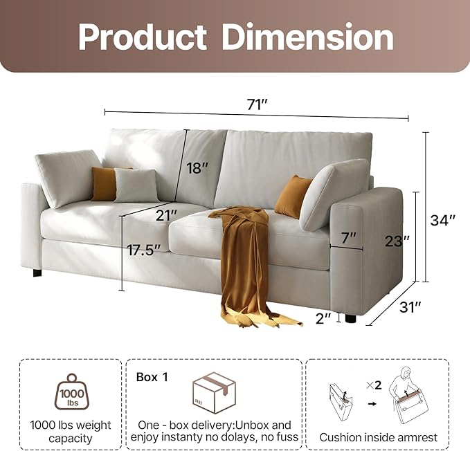 71” Loveseat Sofa Mid Century Modern Decor Love Seat Couches for Living Room Linen Fabric Deep Cushions Couch for Bedroom Solid and Easy to Install Love Seats Furniture (Beige 71 Inch)