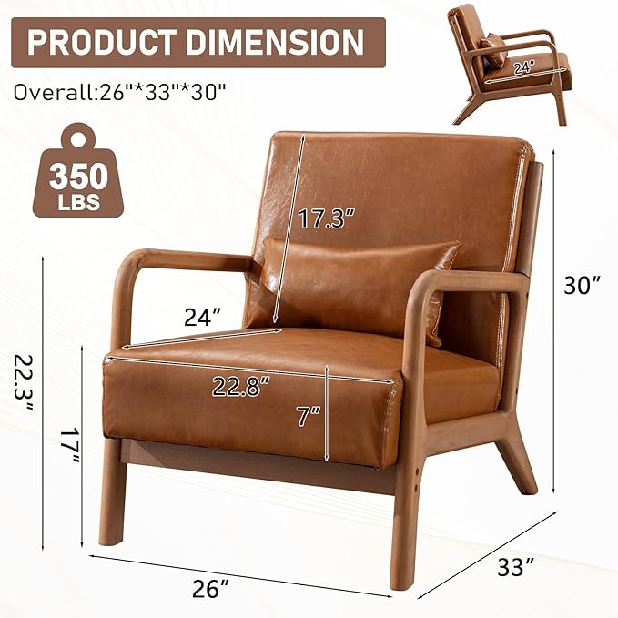 ANJ Mid Century Modern Accent Chairs Set of 2 PU Leather Reading Chair with Solid Wood Frame Easy Assembly Armchair for Living Room