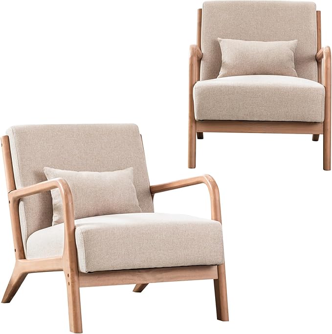 INZOY Mid-Century Modern Accent Chair Set of 2 Upholstered Living Room Chairs with Waist Cushion Reading Armchair for Bedroom Sunroom
