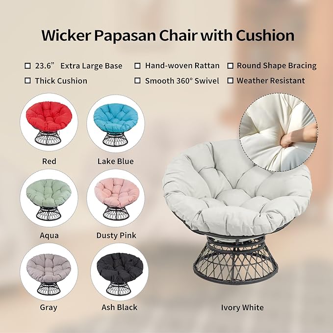 360° Swivel Papasan Chair - 350lbs Capacity Indoor/Outdoor Wicker Lounge Chair with Thick Cushion Modern Accent Chair for Living Room Bedroom Patio