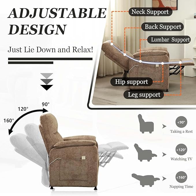 Small Electric Nursery Recliner Chairs for AdultsGrey Power Recliner Chairs with Remote &amp Side Pockets Fabric Reclining Chair for Living Room Bedroom Ofiice Comfort &amp Space-Saving (Brown)