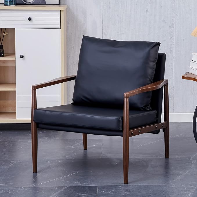 Sofa Chair.Black PU Leather Accent Arm Chair Mid Century Modern Upholstered Armchair with Imitation Solid Wood Color Metal Frame Padded Backrest and Seat Cushion Sofa Chairs for Living Room