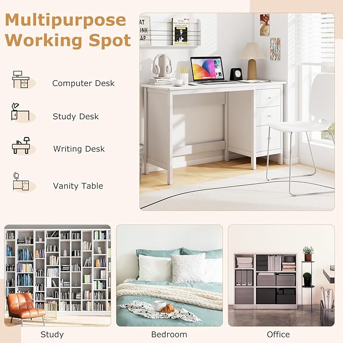 Tangkula White Desk with Drawers Modern Home Office Computer Desk with Storage Drawers &amp Spacious Desktop Compact Writing Study Desk Laptop Desk for Bedroom Multipurpose Workstation