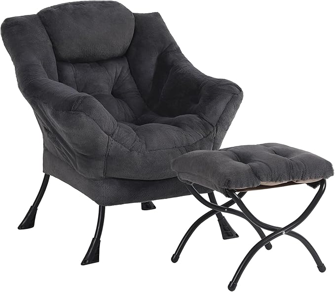 Plush Lazy Chair and Ottoman Large Dark Grey Contemporary Accent Chair with Side Pocket Modern Leisure Upholstered Reading Armchair with Footrest for Office Bedroom Living Room Balcony