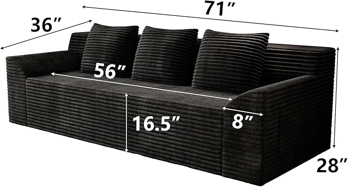 71 Small Boneless Couch Corduroy 3 Seater Couch for Living Room with 3 Pillows &amp Armrests Deep Seat Sofa for Small Spaces Apartment﻿ (Black) | Small Boneless Couch