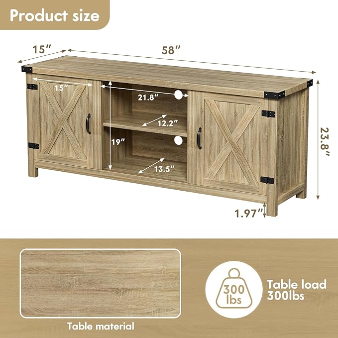 YESHOMY Modern Farmhouse TV Stand with Two Barn Doors and Storage Cabinets for Televisions up to 65+ Inch Entertainment Center Console Table Media Furniture for Living Room 58 Inch White Oak