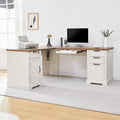 L-Shaped Executive Desk with Keyboard Tray 69” Farmhouse Corner Desk with Lockable Drawers Adjustable File Cabinet &amp Built-in Charging Station Rustic Home Office Desk (69)