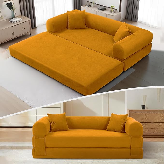 KBQ 3-Seat Convertible Sleeper Sofa Bed with 2 Pillows Corduroy Folding Mattress Couch Floor Sofa Lounge Couch for Living Room Bedroom Lounge Studio Yellow