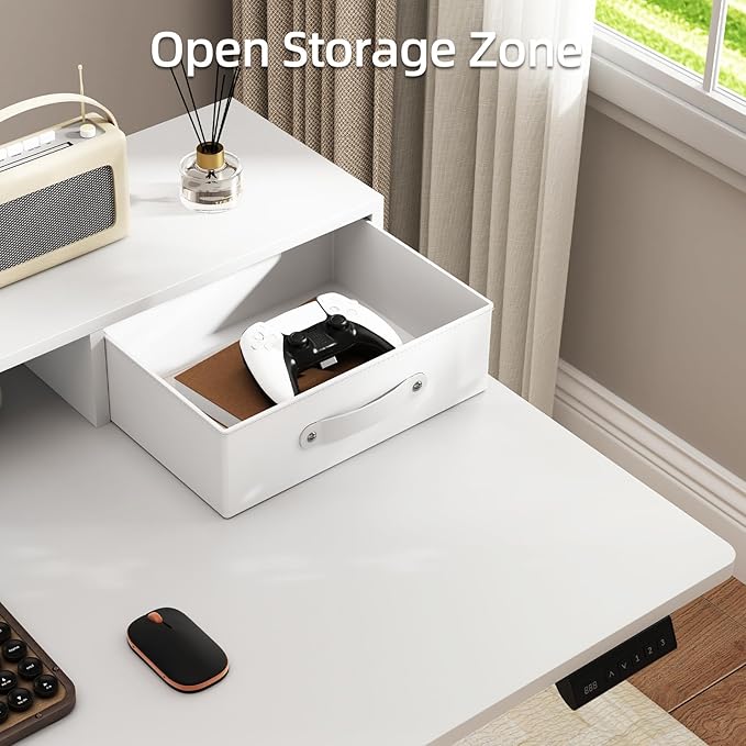 55x24 Inches Standing Desk with Drawers Electric Computer Desk with Open Storage Shelf Stand Up Desk Adjustable Height 28-46 Inches for Home and Computer Workstation White