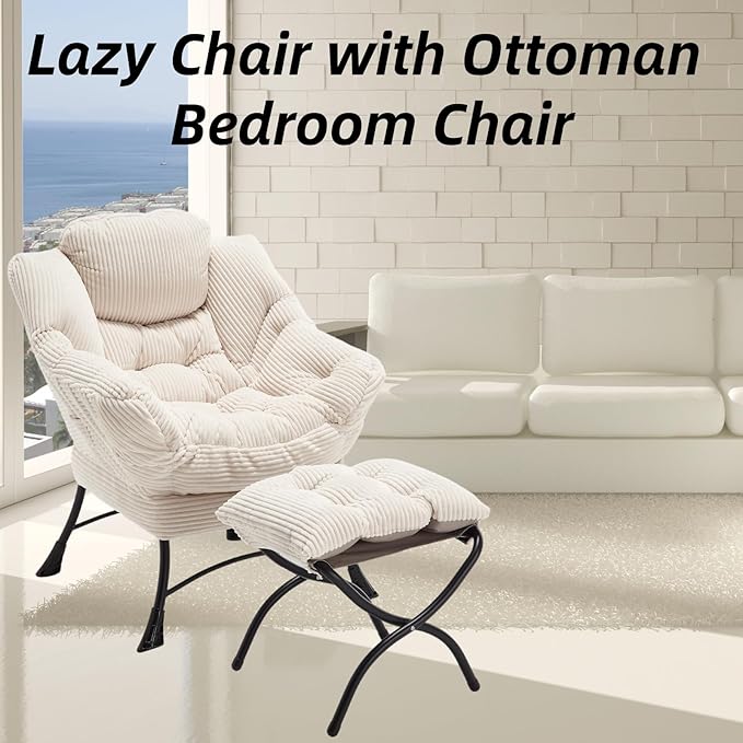 Modern Lazy Chair with Ergonomic Ottoman Comfortable Lounge Chair with Footrest for Space Saving Comfy Reading Armchair for Living Room Bedroom Office White