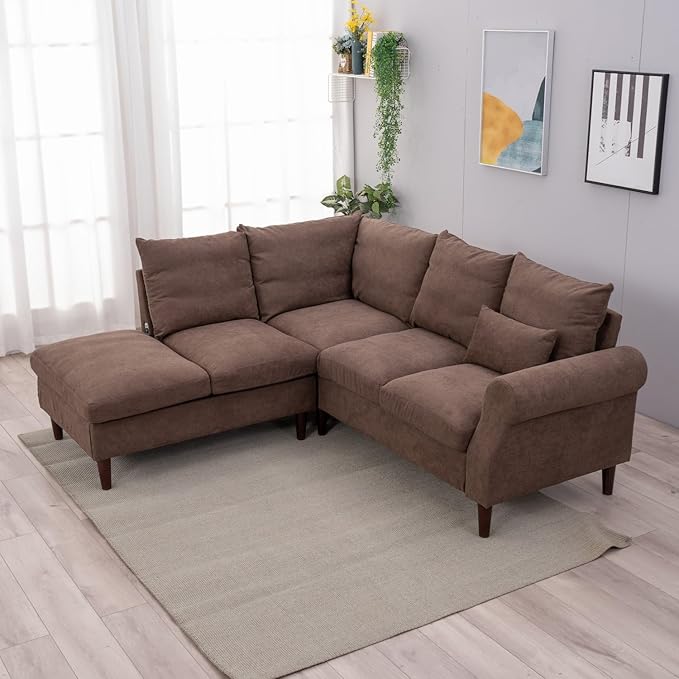 Panana Upholstered Sofa Couch Linen Fabric/Artificial Leather L Shaped Corner Sectional Modern Living Room Sofa (Brown Linen 5 seat Left Corner with Built-in USB Port)