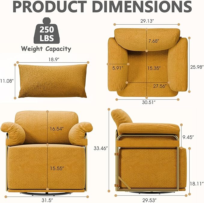 Swivel Accent Chairs 360 Swivel arm Chairs for Bedroom Club Chair with Back Gold Frame Tall Base for Office and Living Room (Orange)