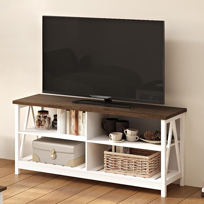 ChooChoo Farmhouse TV Stand for TVs up to 60 Inch Modern Entertainment Center with 4 Open Shelves &amp Built-in Cable Holes Media TV Console for Living Room Bedroom White