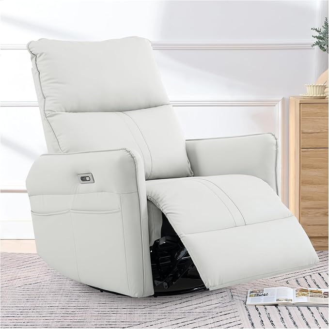 cinkehome Power Swivel Rocker Recliner with USB Overstuffed Electric Reclining Chair Faux Leather Rocker Recliner for Nursery Living Room Light Grey