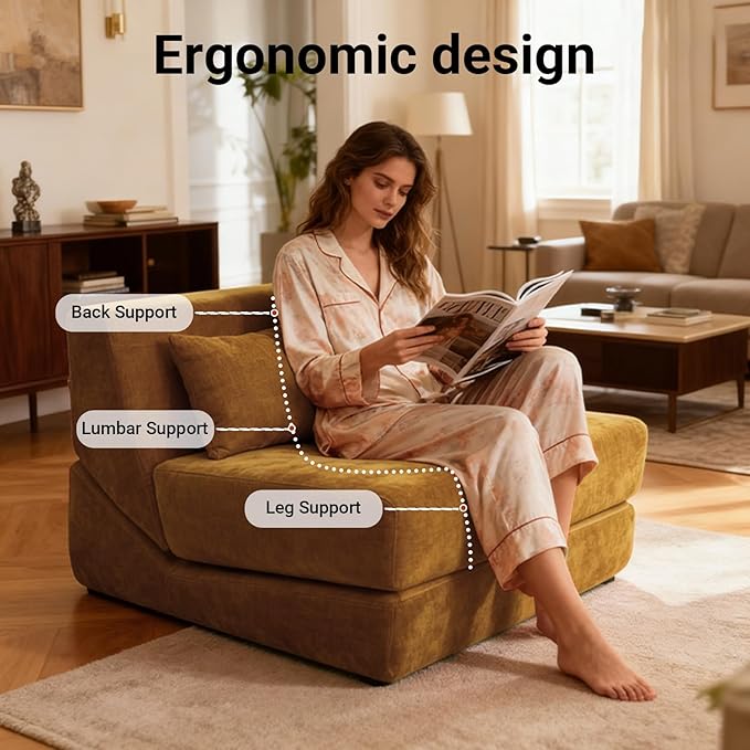 Folding Sofa Bed Chair Convertible Sleeper Sofa Couch Bed w/Pillow Lounge w/Back Support &amp Washable Cover for Living Room Bedroom Apartment Office (Yellow) | With ashable cover Foldable chai