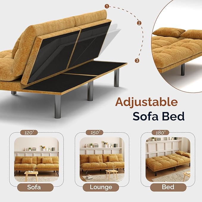 Futon Sofa Bed Convertible 70 inch Solid Wood Couch for Living Room Chenille Fabric 2 Cushions (Caramel Orange)