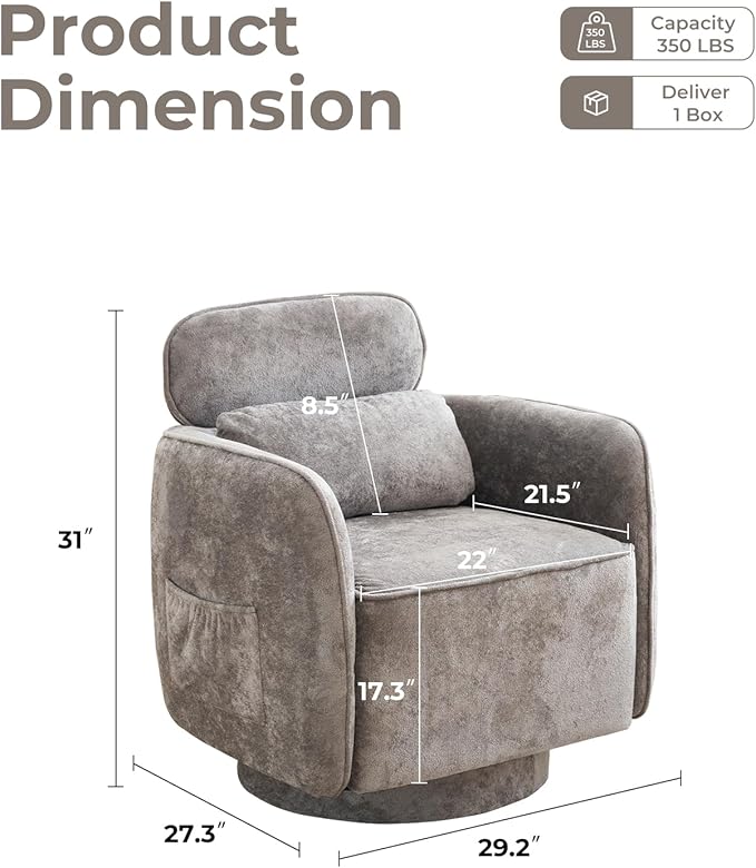 Large Swivel Accent Chair Chenille Round Barrel Chair Upholstered Armchair for Living Room Bedroom Modern Round Armchair Single Sofa with Adjustable Headrest Grey