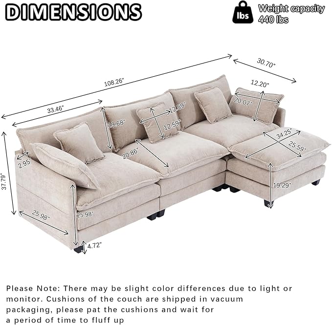 Gexpusm Modular Sectional Sofa108 L Shaped Couches for Living Room3 Seats Sofas with Movable OttomanCloud Sectional Couch with Deep SeatOversized Sleeper Sofa Boneless for Bedroom (Khaki)