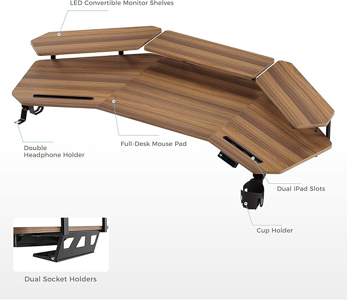 EUREKA ERGONOMIC Standing Gaming Desk with Dual Motor63 Wing Shaped Computer Desk w Mouse Pad Electric Adjustable Height Table w LED Monitor StandsSlot DesignWalnut