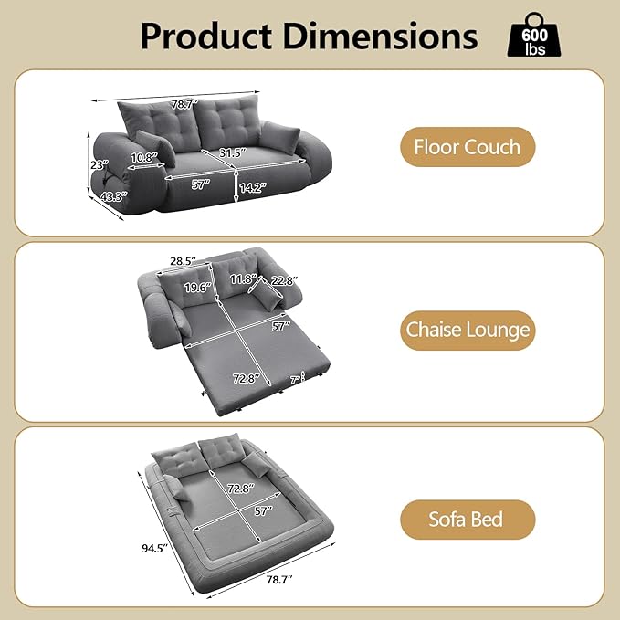 78.7'' Folding Sleeper Sofa 3 in 1 Folding Sofa Bed Teddy Couch Upholstered Deep Seat Bean Bag Lounge Recliner Oversized Human Dog Bed for Living Room Playroom Bedroom (Gray)