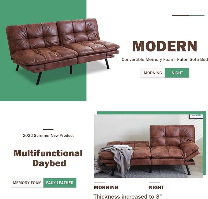 Opoiar Futon Sofa BedLounge Memory Foam Sleeper Couch for Living RoomConvertible Loveseat for Compact Living SpacesStudio ApartmentDormHome Office71-Brown-Faux Leather-Thicker versio