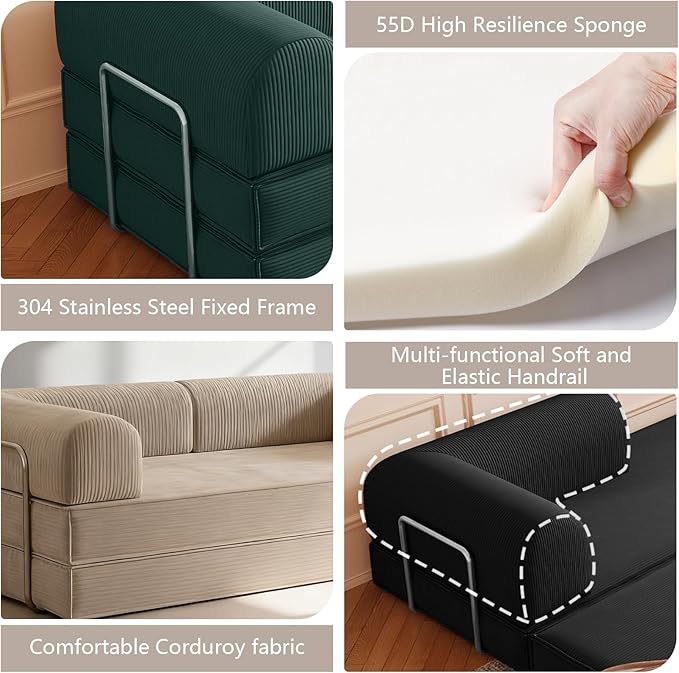 Simcat 79'' Modular Sectional Sofa Couches with Fixed-Shape Frame Memory Foam Couch Floor Sofa with Removable Armrests Pull Out Bed Convertible Sofa Bed for Living Room Bedroom Lounge (Black)