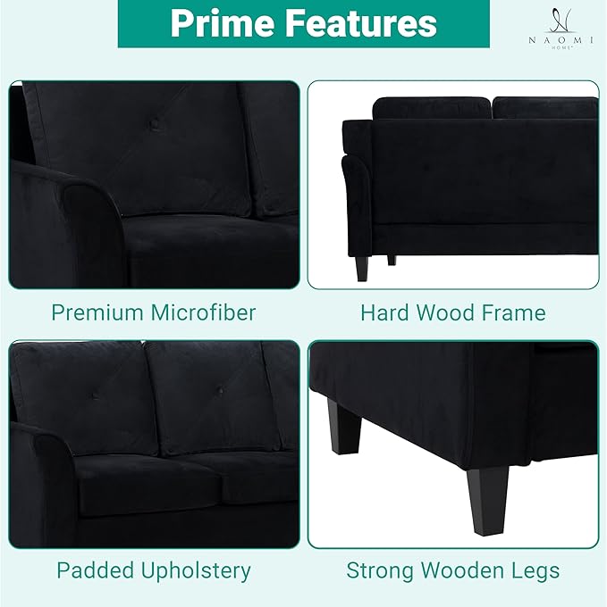Naomi Home Raelynn Button Tufted Sofa Affordable Black Modern Sofa - Microfiber Couch for Small Spaces Cama para Sala Modernos Baratos - Durable Sturdy Living Room Furniture Tool - Free Assembly