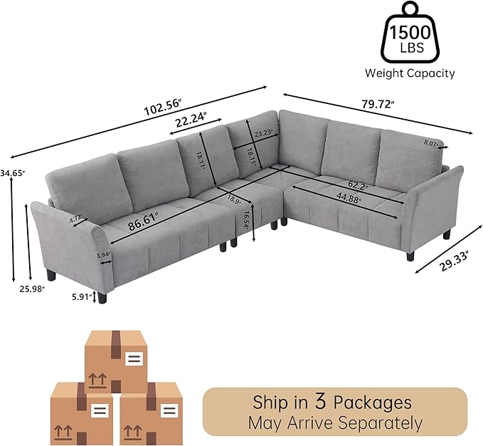 Convertible Sectional Sofa Couch 103 L Shaped Couch with Back Cushions Modern Upholstered Fabric 6-Seat Reversible Sofa Couches for Living Room Apartment Office Light Grey