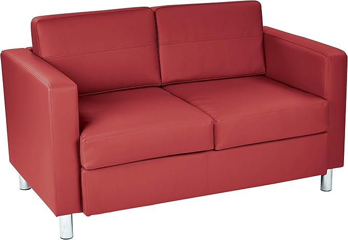 Office Star Pacific Loveseat with Padded Box Spring Seats and Silver Finish Legs Dillon Lipstick Faux Leather
