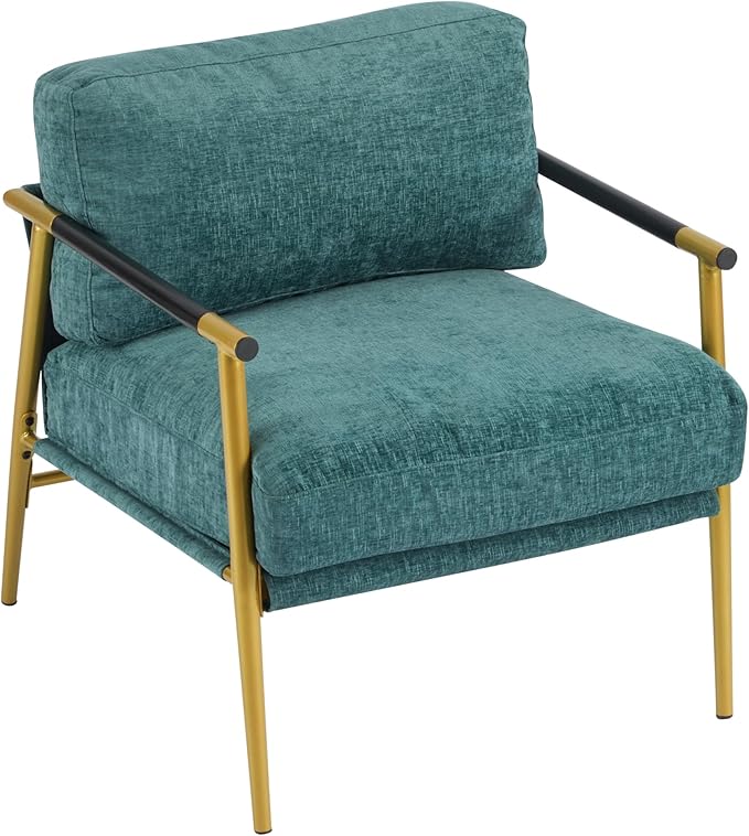 Modern Accent Chair Lounge Arm Chair Upholstered Armchair with Plush Cushions Single Chairs with Metal FrameWooden Armrest - Perfect for OfficeLiving RoomBedroomGold+Teal Blue
