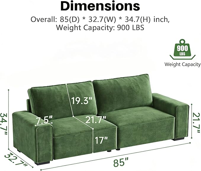 Vesgantti 85'' Chenille Couch for Living Room 3 Seater Comfy Sofa with Wide Armrest Thick Spring Cushions Modern Cloud Couch for Apartment Office Bedroom Small Space Chenille Green
