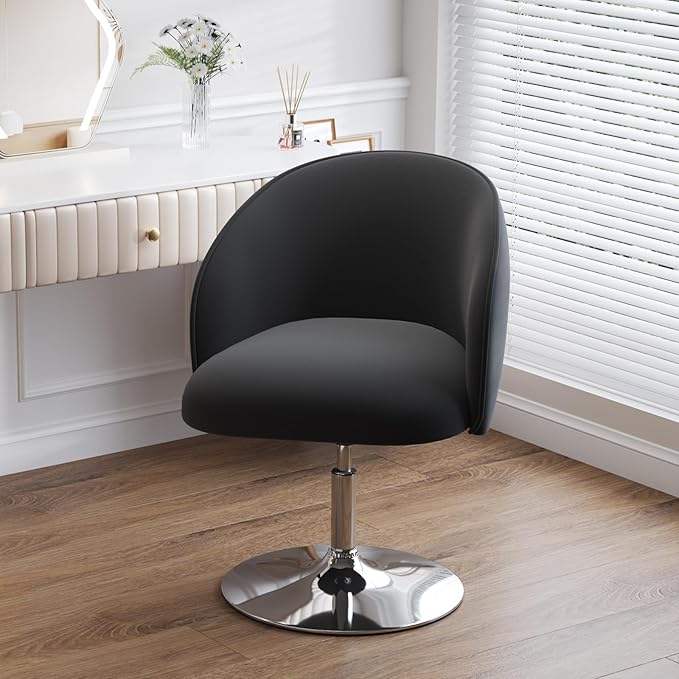 Furniliving Makeup Vanity Chair Flexible Round-Back Accent Chair with Plated Frame Height Adjustable Swivel Chairs for Living Room Charming Chair Lounge Pub Bar (Black)