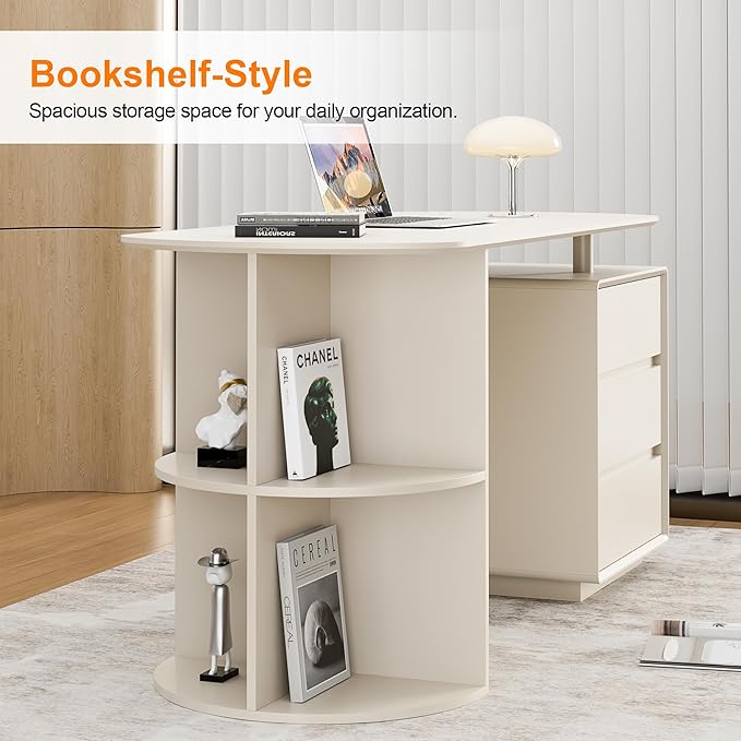 Qulomvs Desk with Drawers 55inch Home Office White Desk with Drawers and Storage Shelves Cream White Modern Simple Style Laptop Desk Work Study Writing Table Workstation for Home Office
