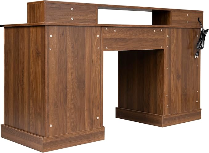 59.5 Farmhouse Office Desk with Charging Station &amp Storage Cabinet Barn Door Design Home Office Study Desk with File Drawer Monitor Stand &amp Keyboard Tray for Office Study (Dark Walnut)