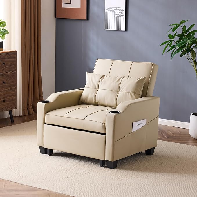 VINGLI Sofa Bed Chair Recliner 3-in-1 Convertible Sleeper Sofa Chair Bed Beige Daybed Pull Out Couch Bed with Adjustable Backrest USB Ports Cup Holders for Small Spaces Living Room