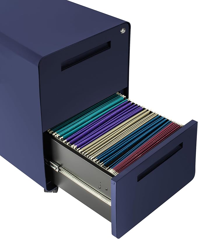 Laura Davidson Furniture Stockpile 2 Drawer Mobile File Cabinet with Lock - Under Desk Metal Filing Cabinet Legal/Letter File Folders Wheels and Stationary Feet Pre-Assembled Navy Blue