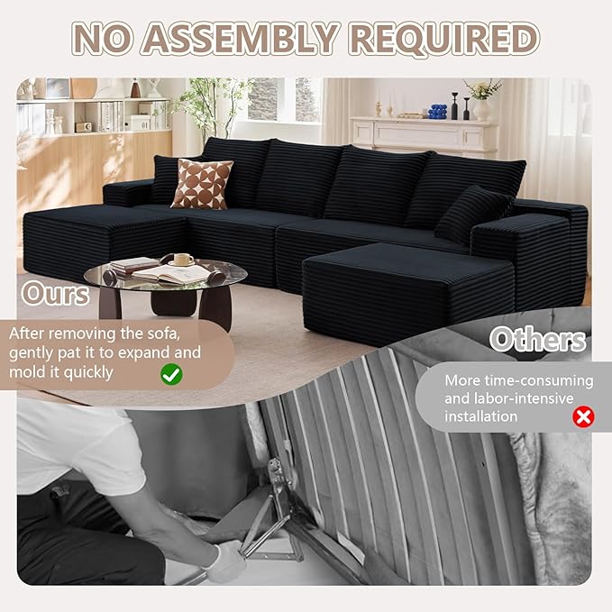 140 Sectional Cloud Couch for Living Room Modular Floor Sofa with Corduroy No Assembly Required Big Comfy Couches Set with Fluffy Memory Foam Stupendous U Shaped Sofas Black