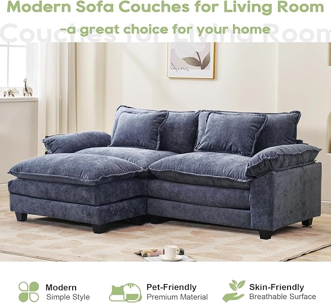 86 Modular Sectional Sofa Comfy Cloud Couch Sectional Sofa with Ottoman Chenille Sofa Sleeper Deep Seat Sofa with Throw Pillows for Living Room (Blue 86- L Shape)