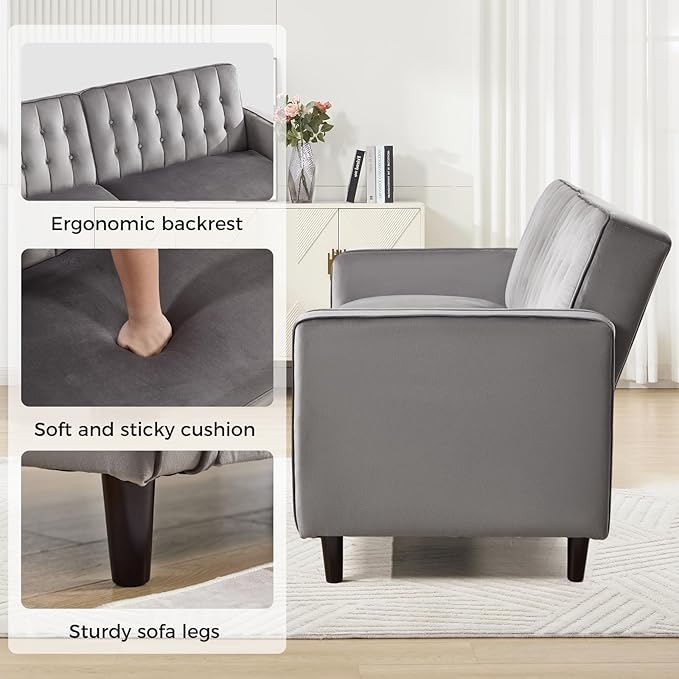CANMOV Convertible Sofa Bed82″Fabric Futon Couch with Adjustable Backrest3 in 1 Convertible Comfy Loveseat Recliner Sleeper Sofa Bed for Living RoomGrey