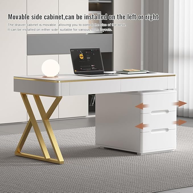 Executive Desk with Drawers White Computer Desk with Drawers with Tempered Glass Top &amp Marble Pattern 47 inch Modern Home Office Desk with Charging Station for Study Living Room Bedroom