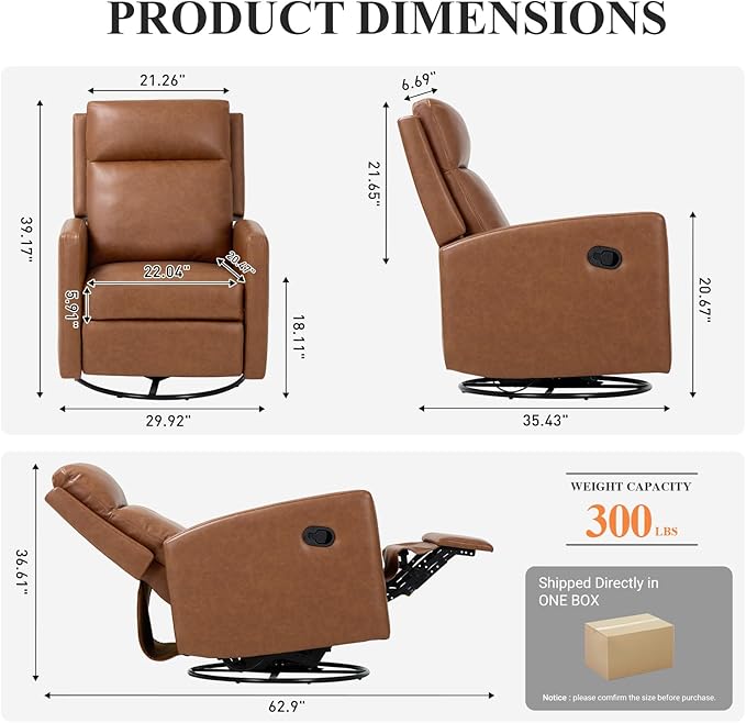 COLAMY Leather Recliner Chair for Adults Swivel Rocker Recliner for Small Spaces Wide Glider Rocking Nursery Chair with Ergonomic High Backrest for Home Living Room Office Bedroom（Cocoa）
