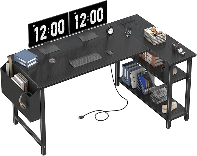 Lufeiya L Shaped Computer Desk with Power Outlet Shelves 47 Inch Corner Desk for Home Office Bedroom L-Shaped Study Writing Working PC Desks Black