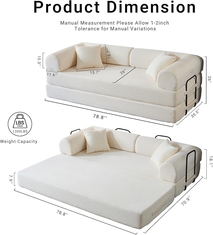Compressed Sofa Convertible Sofa Bed Corduroy Compression Boneless Couch with Pillow Comfy Modular Foldable Floor Sleeper Sofa for Bedroom Living Room Lounge Studio (White)